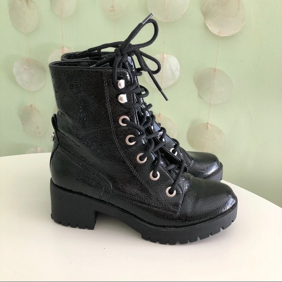 Steve Madden Patent Leather Chunky Platform Combat Moto Boots - Picture 4 of 12